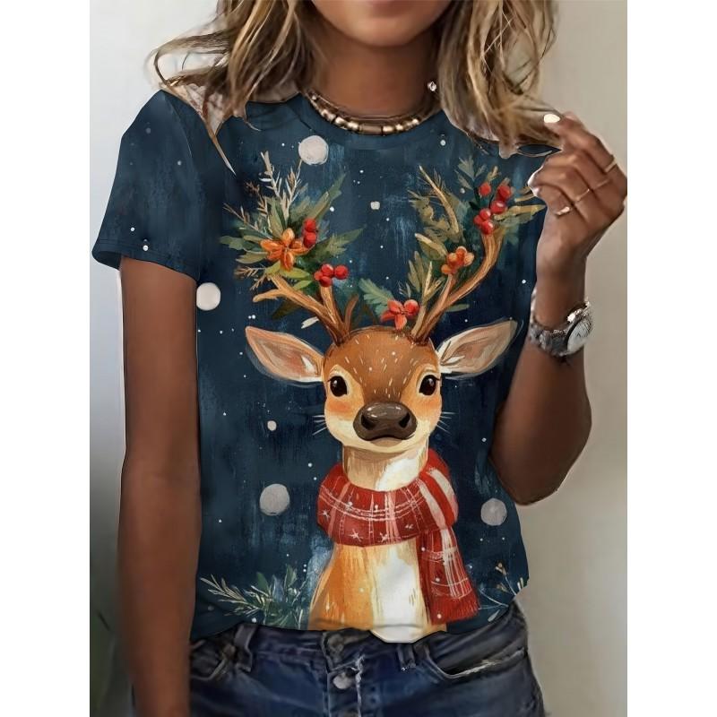 Womens Slim Fit Round Neck Short Sleeve T-Shirt With 3D Santa Claus Print Soft Cotton-Feel Fabric Casual Office Wear