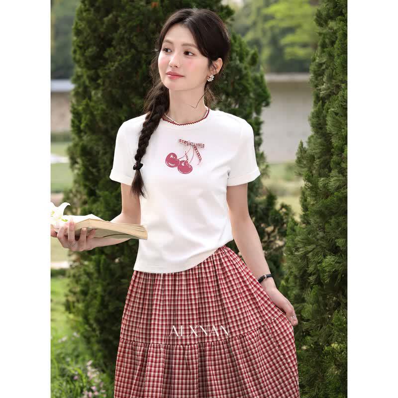 Women s Sweet Style Round Neck Short Sleeve T-Shirt S
