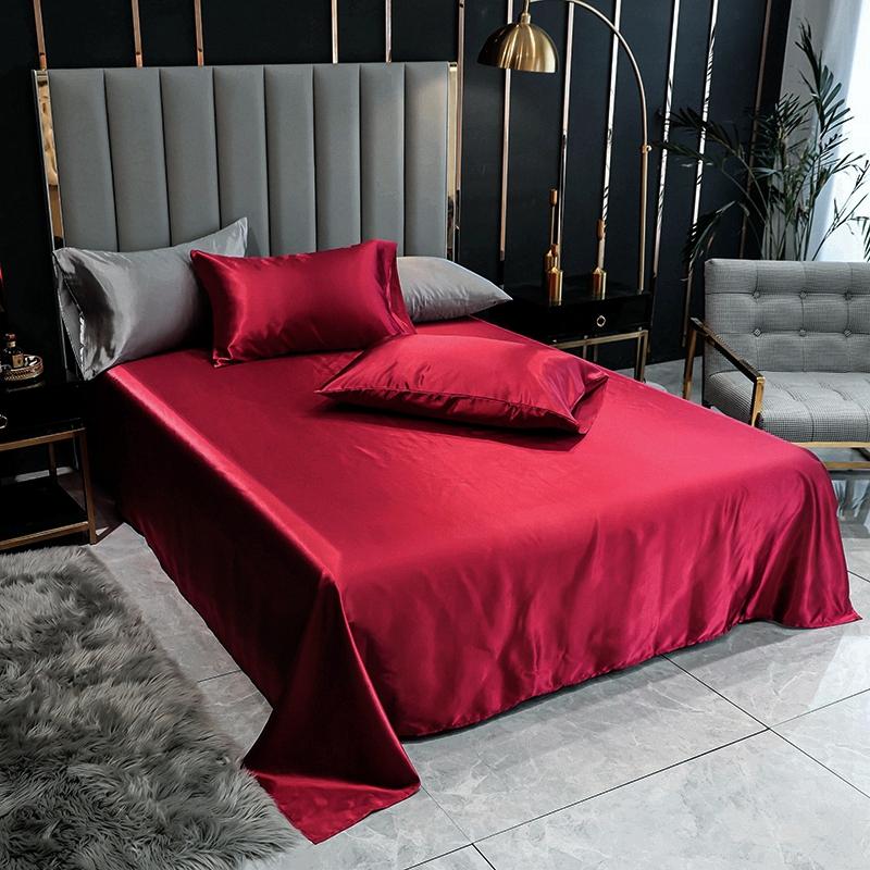 1PC Bed Sheet Wine Red Solid Color Smooth Top Sheets for Home Single/Queen/King Size Bed Linen Satin(no Pillowcase)