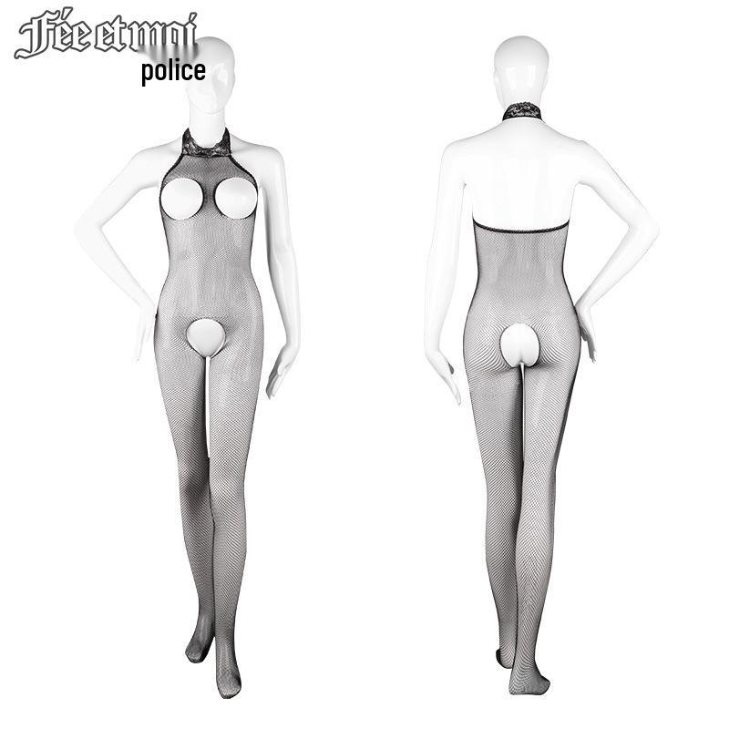 Feimo Lingerie Women's Sheer Halter Low-Cut Open Crotch Mesh Bodysuit 7504