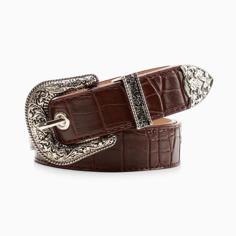 Womens Retro Alloy Belt Set With Embossed Buckle For Casual And Office Wear