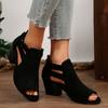 2025 Sandals Black Shoes for Women Block Heels Square Toe Big New Beige Boot Summer Chunky Girls High Velvet Fashion