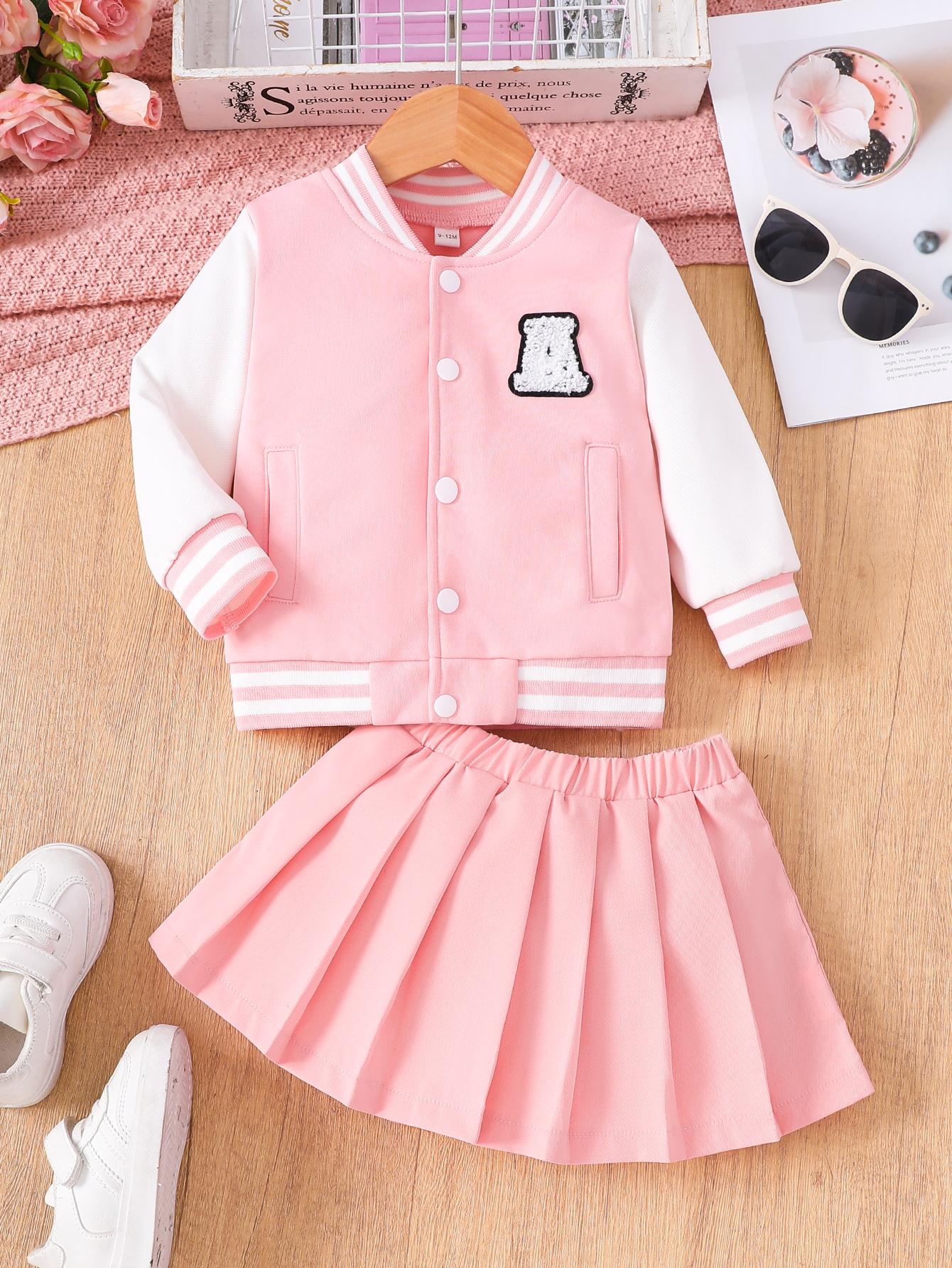 

Наряд для девочки Пальто-куртка с длинным рукавом с принтом и юбка Комплекты детской одежды Размер 24 розовый