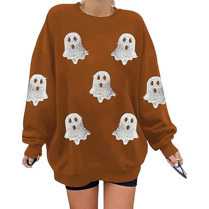 Hallowmas Ghost Print Long Sleeve Sweatshirt Women Crew Neck Oversized Pullover Top