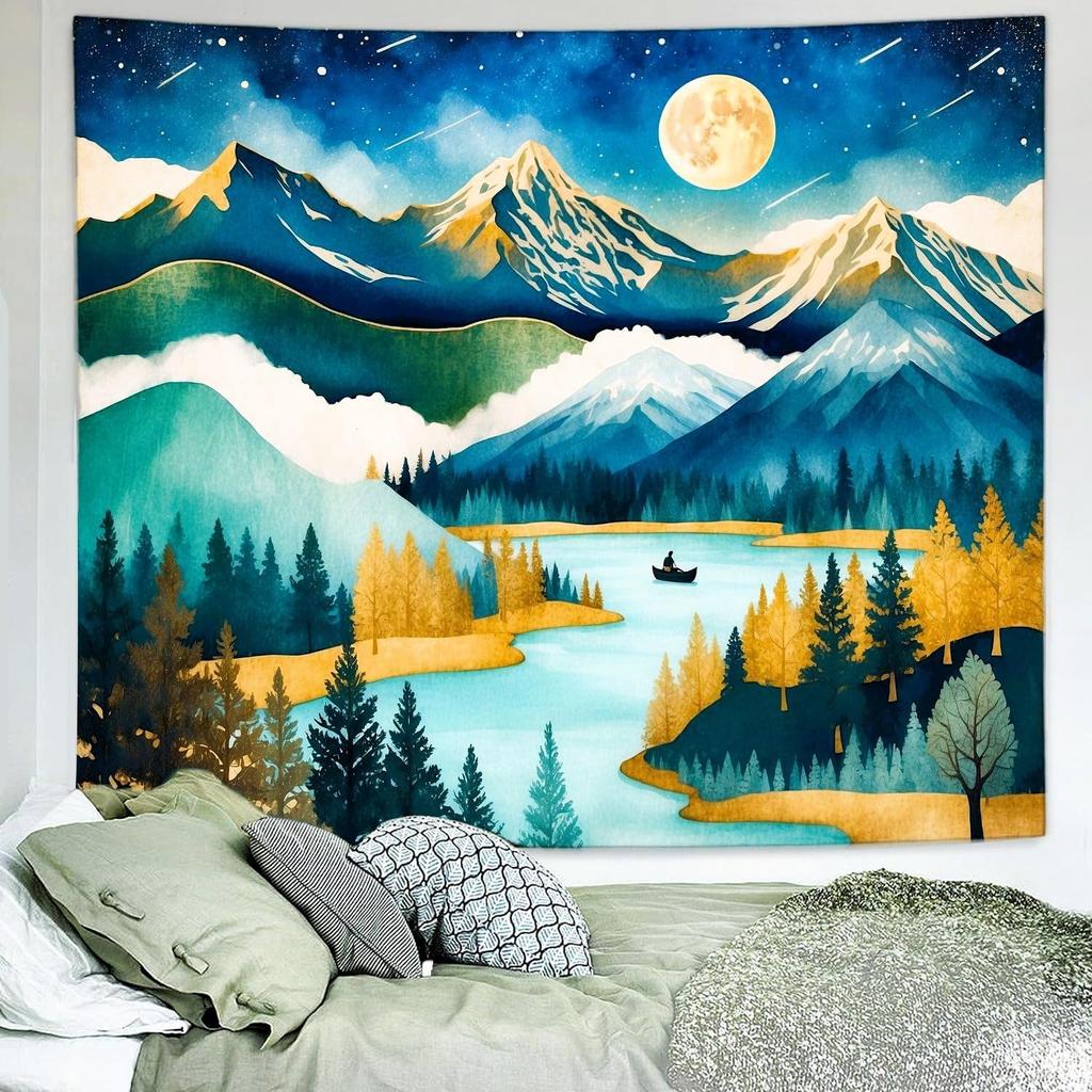 Delur Mountain Tapestry Boho Moon Stars Starry Night Tapestry Wall Hanging Forest Tree Nature Landscape Psychedelic Headboard Fo