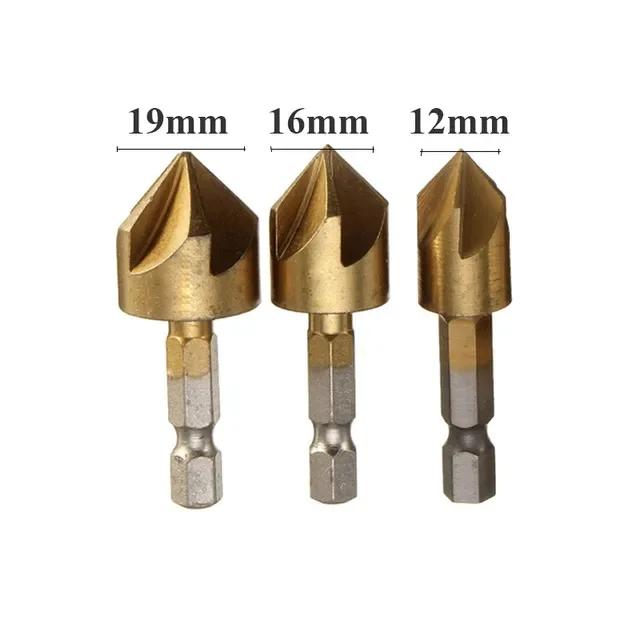 3/6pcs Countersink Drill Bit Set 1/4'' Hex Shank HSS 5 Flute Countersink 90 Degree Wood Chamfering Cutter Chamfer 6mm-19mm