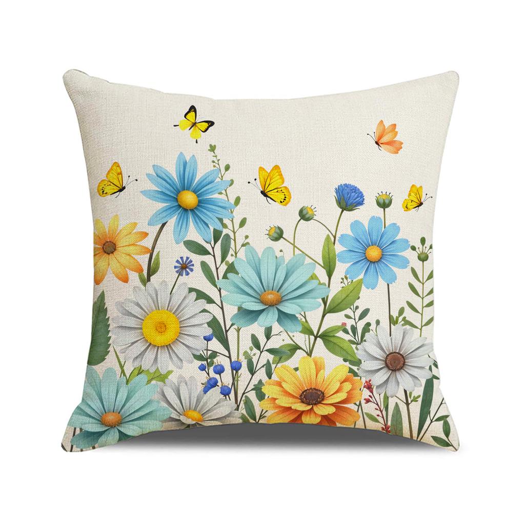 Kissenbezug mit frühlingshaftem Blumendruck, schlicht und vielseitig, Sofakissenbezug für Wohnzimmer, atmungsaktives Leinen-Autokissen