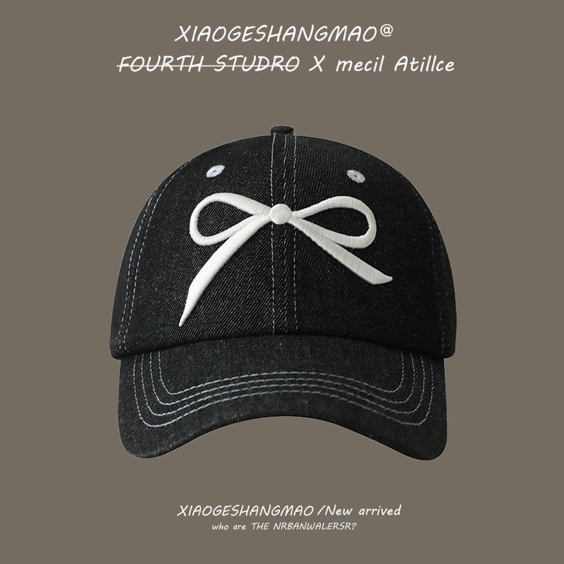 Bow embroidered denim baseball cap girlish feeling cute cap wide brim show face small fashion versatile