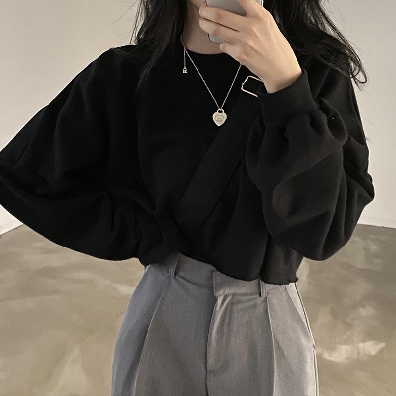 Cropped Hoodie Women Autumn Korean Solid Loose Crop Round Neck Womens Top