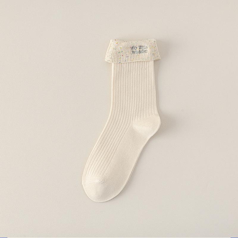 

Female Spring and Autumn Sweet Lace Bow Striped Letter Cloth Label Medium Cylinder Pile Pile Socks 1 pair бежевый