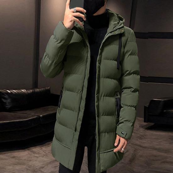 Autumn Winter Men Jacket Cotton Padded Hooded Long Sleeve Drawstring Mid-length Windbreaker for Daily Wear