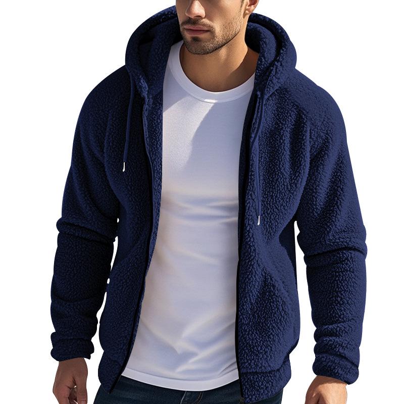 

Men s American Style Double-Sided Fleece Hooded Jacket - Spring/Autumn, Zippered Loose Cardigan, Warm and Thickened. XXL темно-синього кольору
