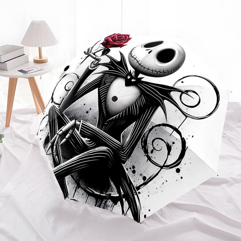 1 Ombrello Portatile Colorato con 8 stecche, Apertura Automatica, Tema Jack Skellington, Nightmare Before Christmas, per Uomo e Donna, Un Compagno Compatto per il Pendolarismo