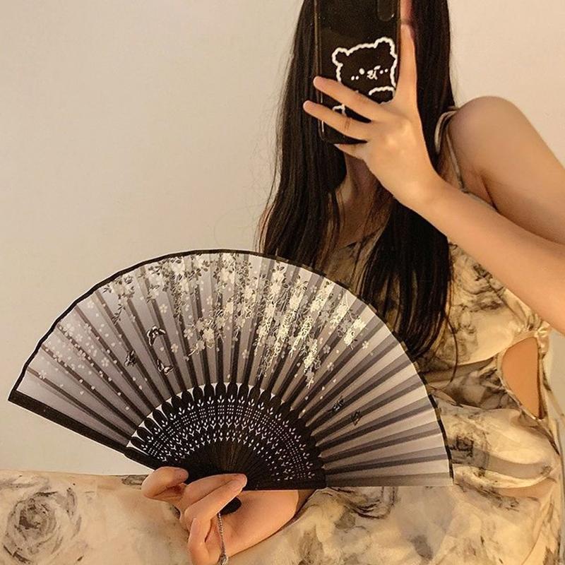 Weiblicher antiker Tanz-Fächer, faltbar, neuer chinesischer Stil, chinesische Kleidung, antiker Stil, Handgepäck, Schwarz