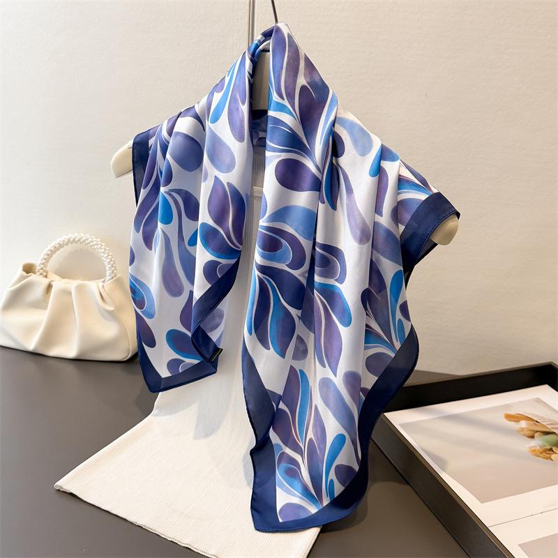 Soft Leaf Print Elegant High-end Silk Scarf Imitation Square Shawl Versatile Neck Small Women