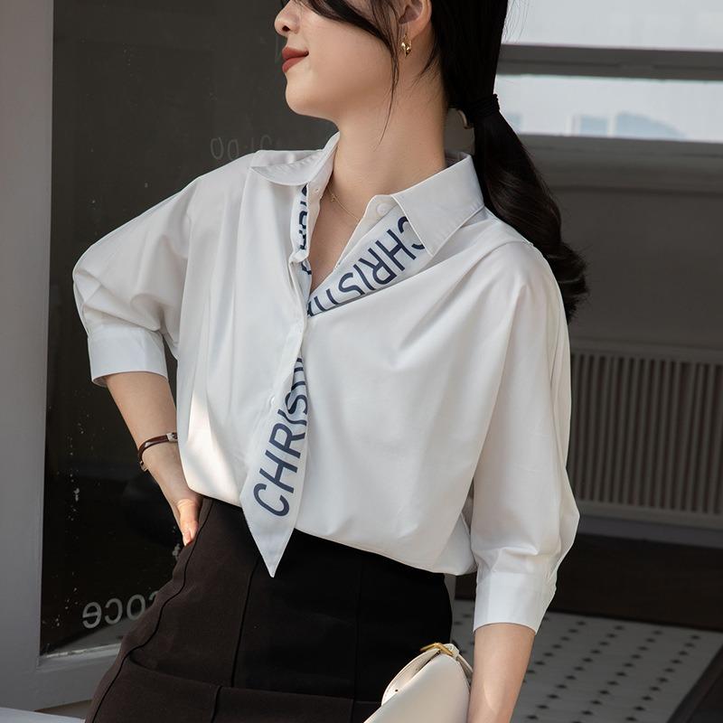 Camisa blanca ligera de media manga para mujer, holgada, de verano