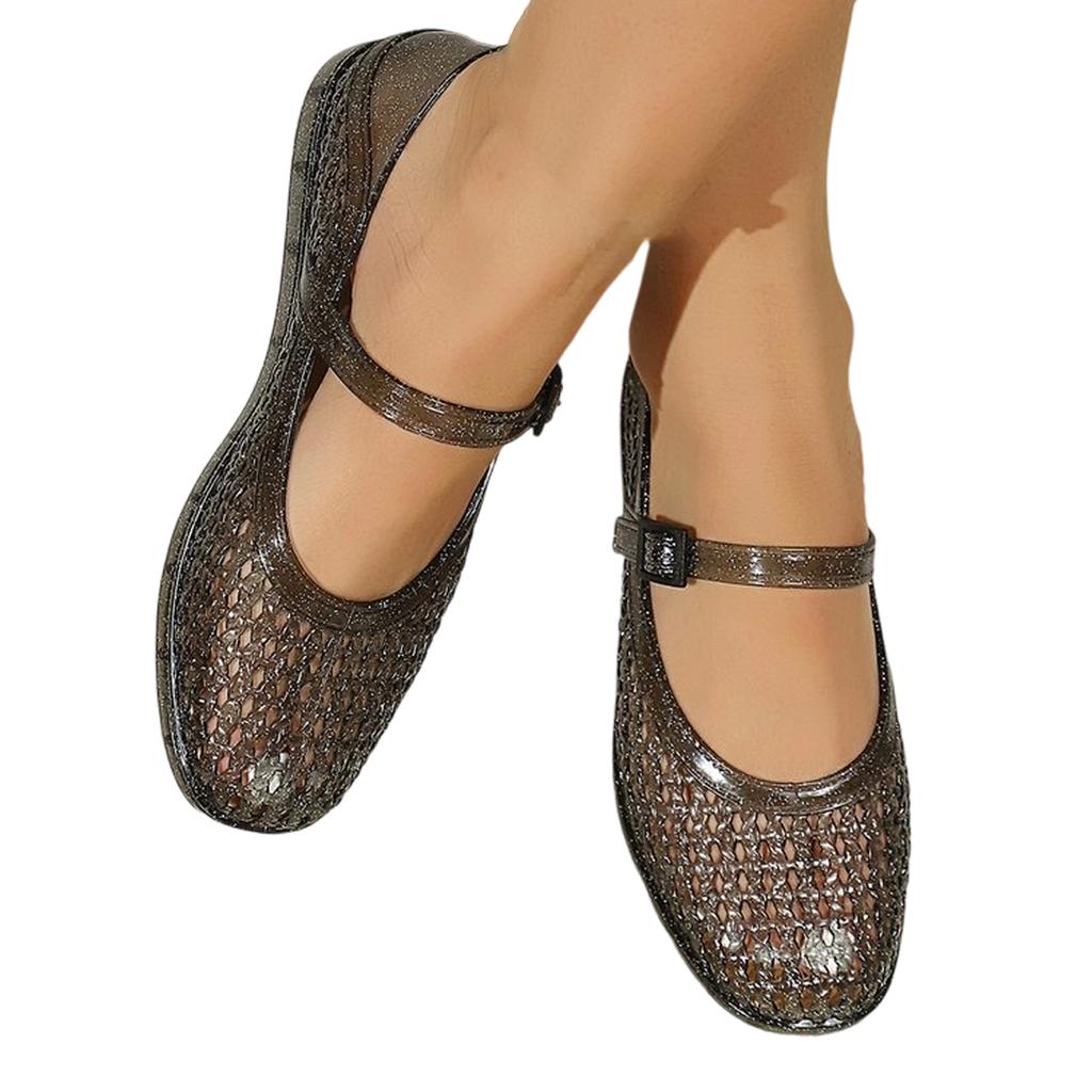 Women's Mesh Mary Jane Flat Shoes Breathable Lightweight Slip On Round Toe Casual Footwear with Adjustable Strap for Daily Wear