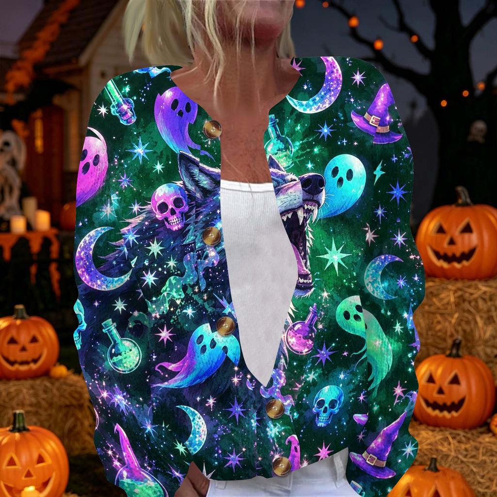 Women's Long Sleeve Knit Cardigan Button Up Sweater Halloween Print Lightweight Casual Outerwear for Autumn and Winter