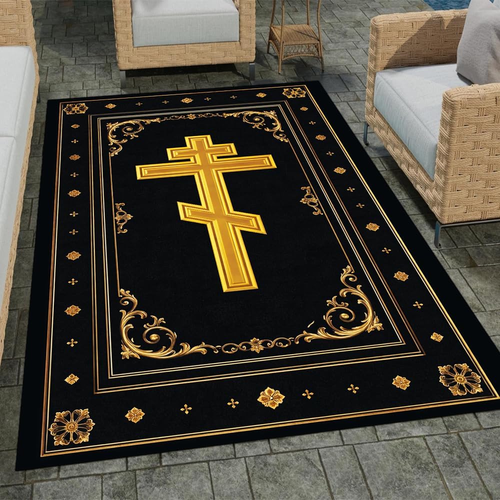 Tappeto Croce Cristiana Ortodossa Design Embossato Oro Retrò Stanza della Preghiera Religiosa Soggiorno Tappetino della Fede Idea Ornamento per Cristiani