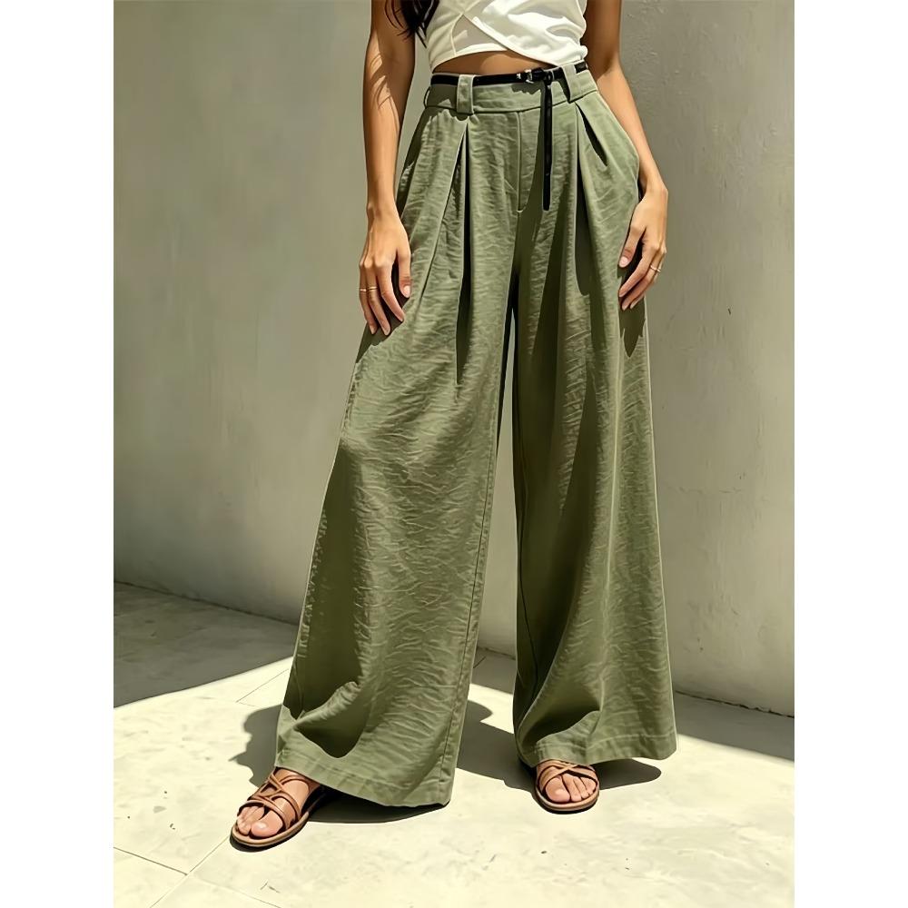Women's High Waist Belted Pleated Solid Linen Wide Leg Long Pants Loose Fit Casual Trousers