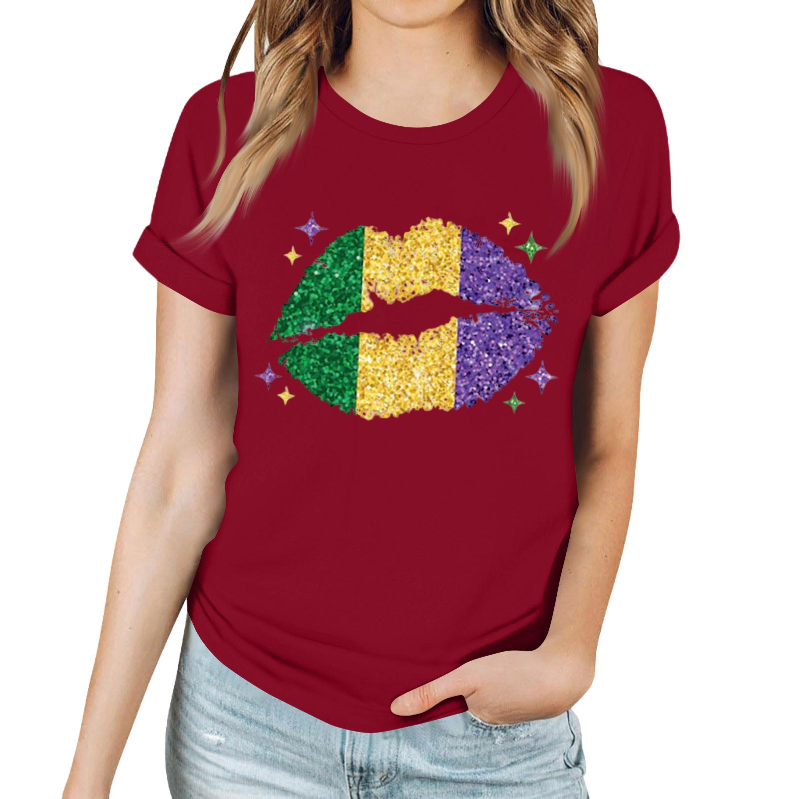 

Women s Casual Carnival Print T-Shirt Round Neck Pullover Short Sleeve Top XXL винний