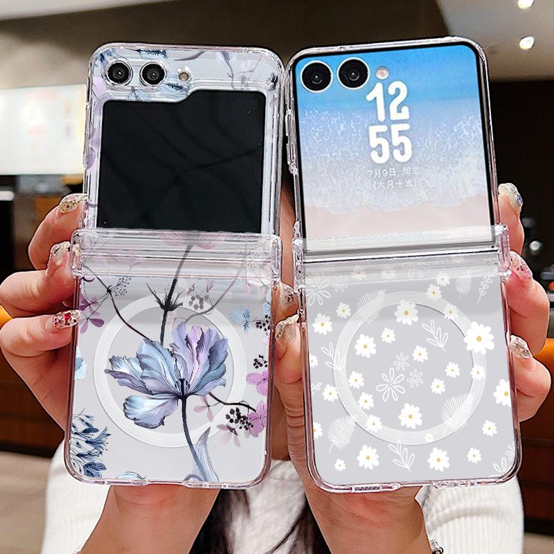 Luxury Flowers Print Case For Samsung Galaxy Z Flip 8 7 FE 6 5 Z Flip8 Flip7 Flip6 Magnetic Clear Hard PC Folding Phone Cover