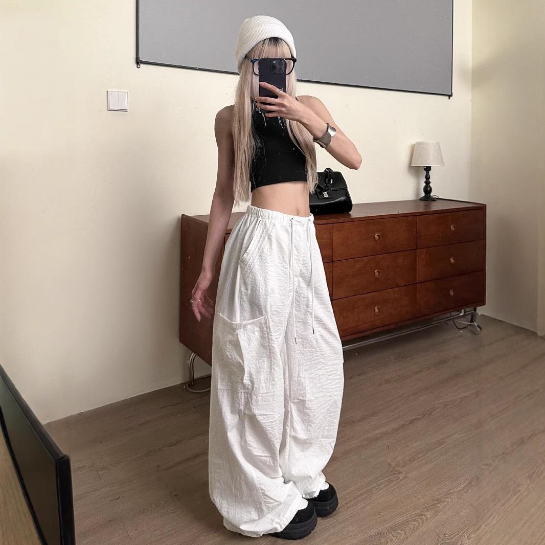 

Women s High Waist Wide Leg Cargo Pants - Summer Casual Loose-Fit Parachute Style XXL чорний