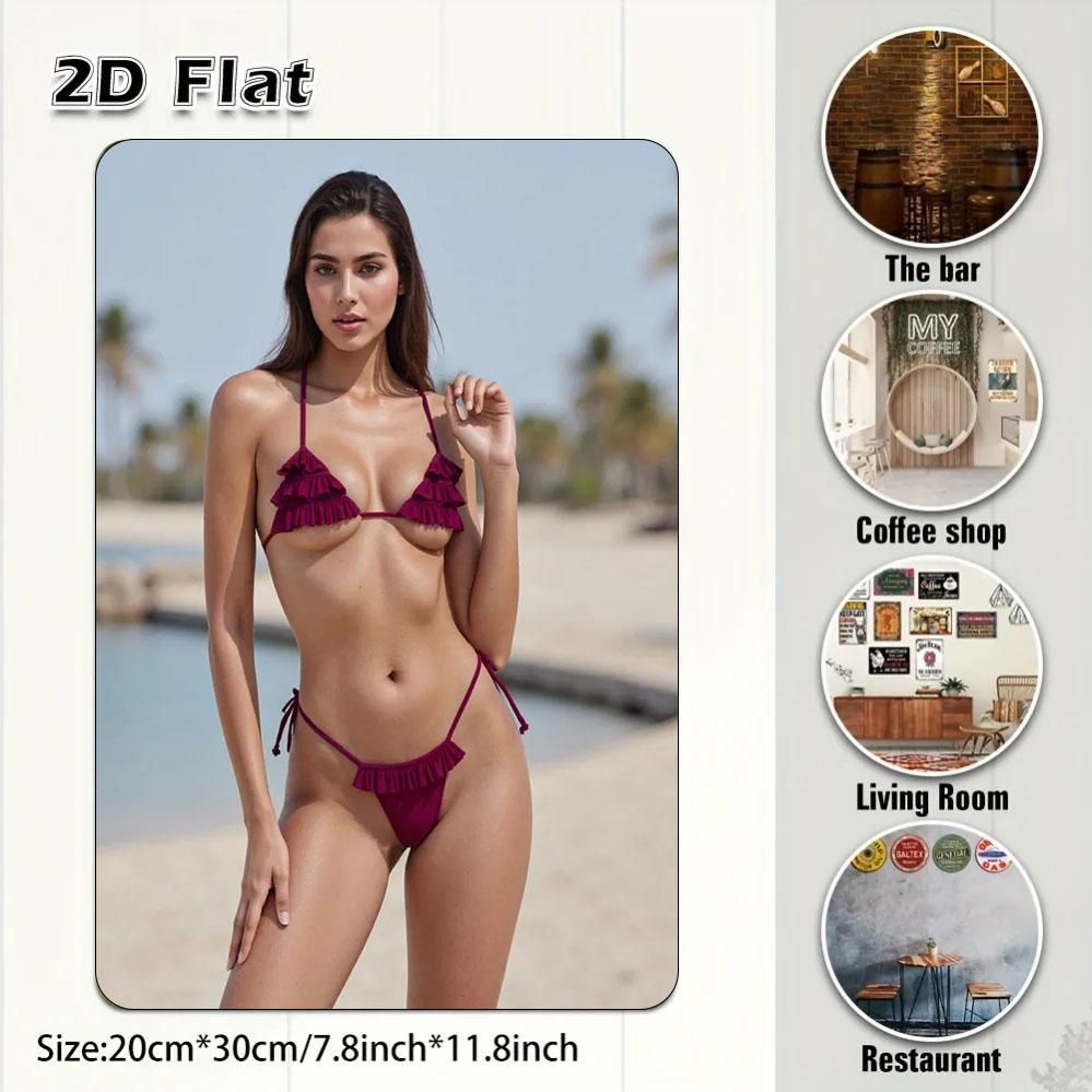 Retro Metal Tin Sign Sexy Woman in Maroon Ruffled Bikini Beach Scene Vintage Wall Art Decor for Bar Cafe Home xcm