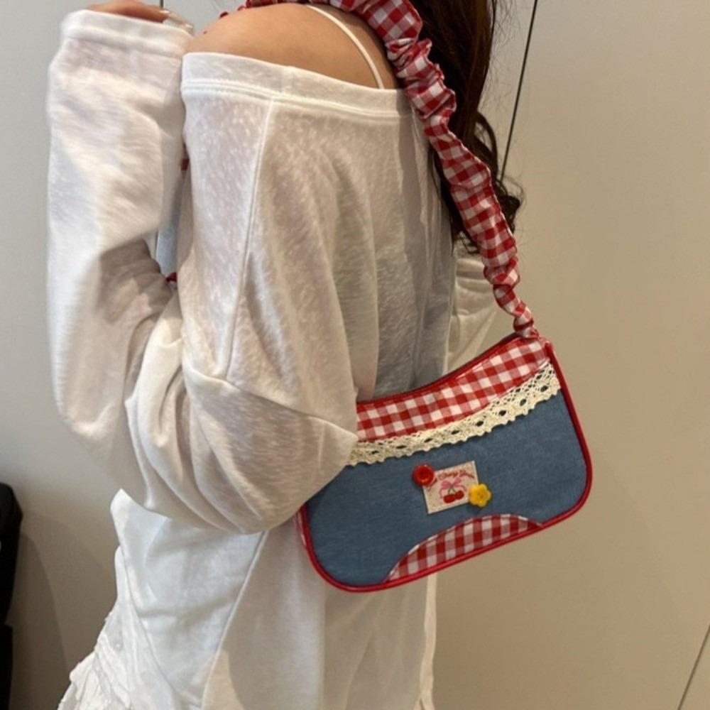 Leisure Lattice Shoulder Bag Rural Style Crossbody Bag Sweet Denim Underarm Bag Travel