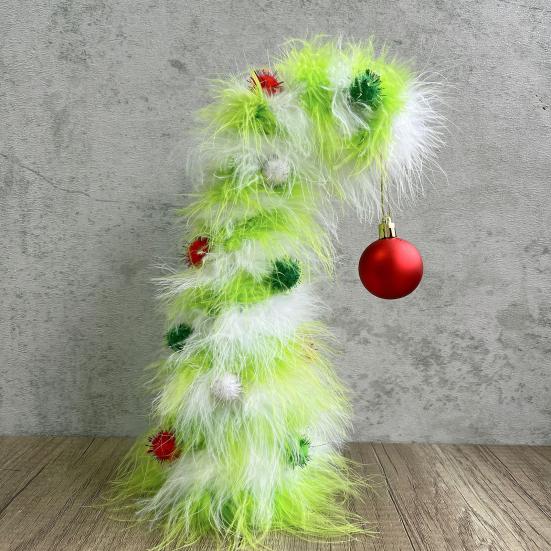 2 Pcs Green Furry Christmas Tree Faux Fur Plush Christmas Tree Tabletop Centerpiece with Red Xmas Ball for Home Party Holiday Decor