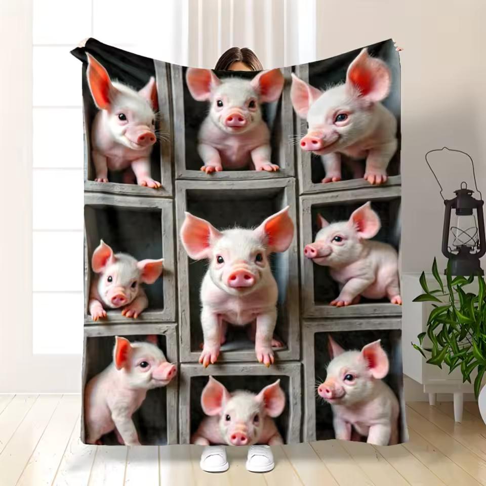 Funny Piglet Blanket 2D Grid Cute Little Pink Pig Flannel Throw Blanket Adorable Farm Animal Warm Sofa Cover