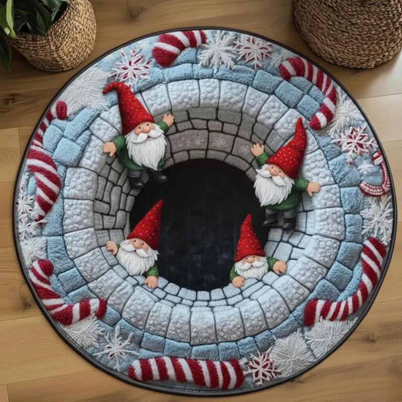 Christmas Gnome 3D Illusion Rug Festive Geometric Round Carpet Cute Nordic Gnome Floor Mat Christmas Gift Home Decor