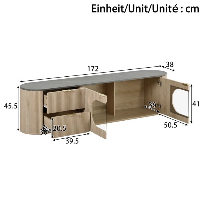 Mobile TV 172 cm – Ante 3D Texturizzate, Vetrina in Vetro, Scomparti con Cassetti e Ante - 172x38x45.5 cm - naturale