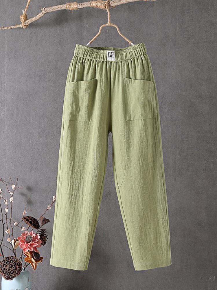 Damen Übergröße Leichte Baumwoll- und Leinenhose mit geradem Bein - Lässiger weißer Harem-Stil, Elastischer Bund, für Frühling/Sommer/Herbst