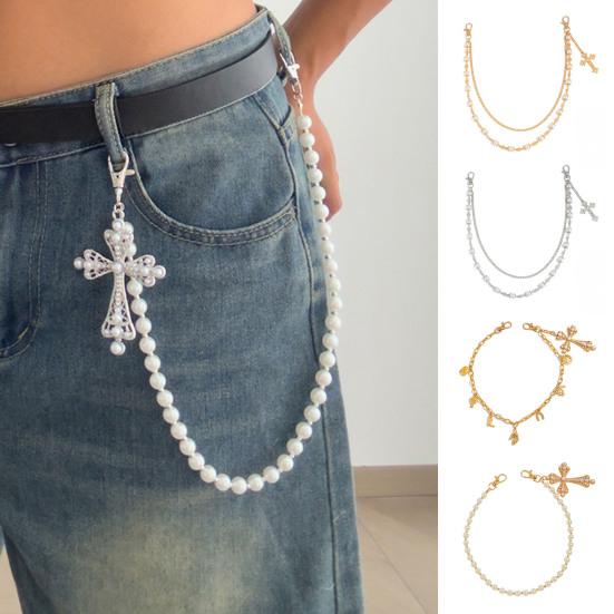 Pants Chain Faux Pearls Metal Flower Decor Wallet Chain Multi-layered Design Hip-hop Style Wallet Chain Wearable Art Accessory