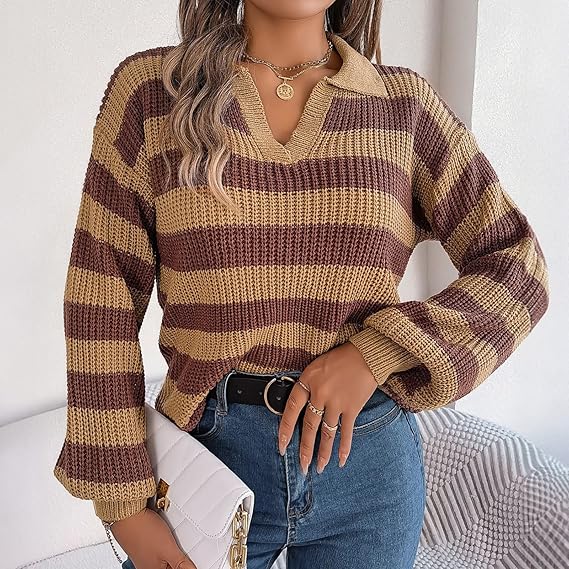 Женский джемпер с лацканами v-образным вырезом рукавом-фонариком полосатый вязаный пуловер с цветными блоками свитер вязаный пуловер топы трикотаж S хаки 2243₽
