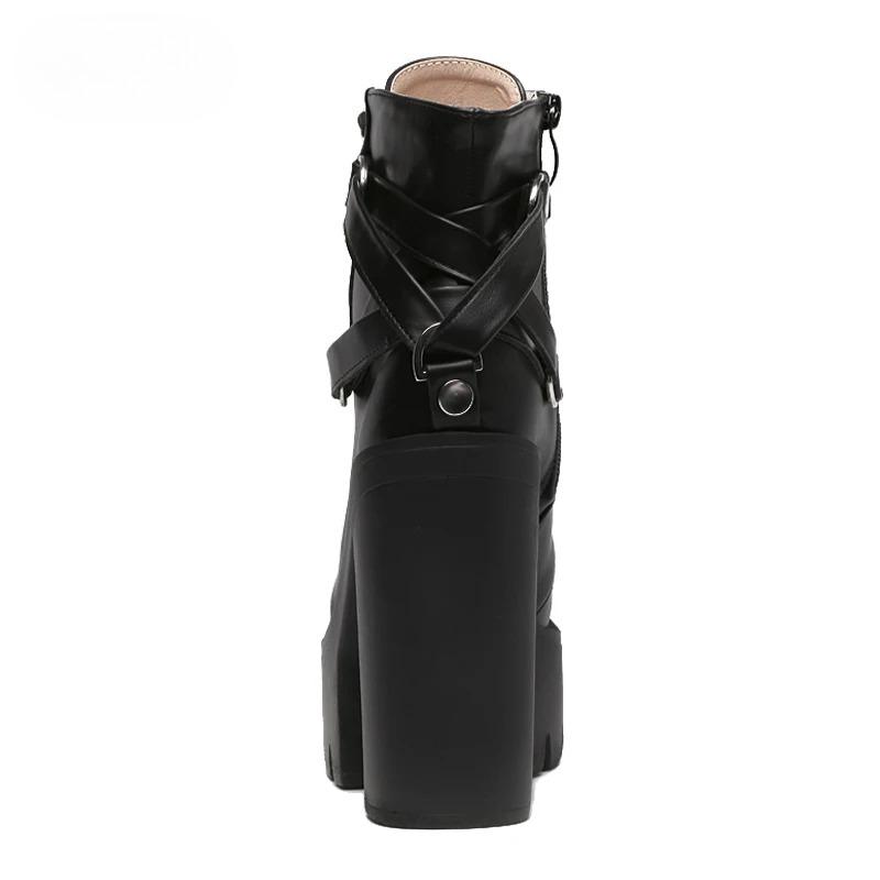 Fashion Black Boots Women Heel Spring Autumn Lace-Up Soft Leather Platform Shoes Woman Party Ankle Boots High Heels Punk