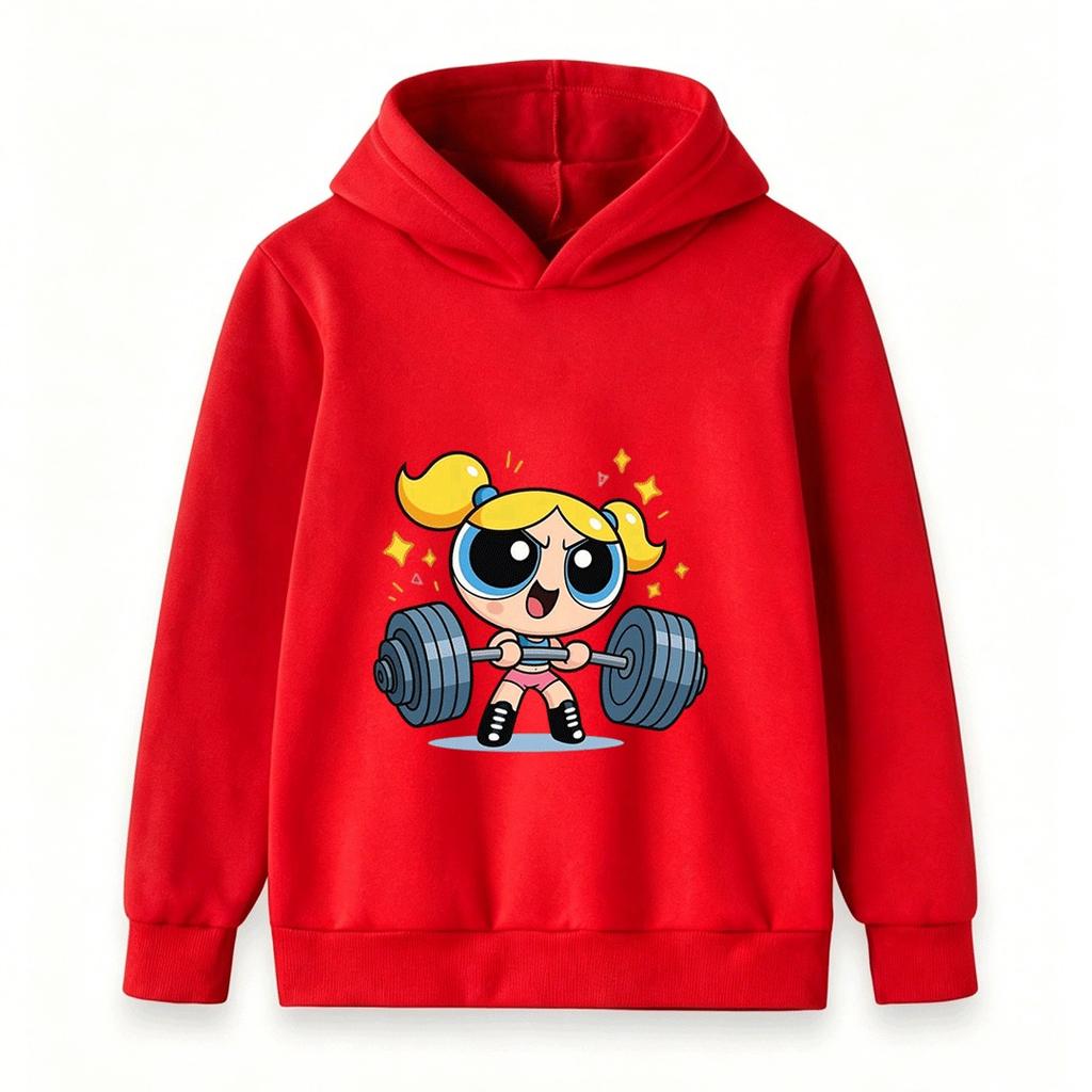 Kids Boys Girls Pullover Hoodie, Cute Bubbles Powerpuff Weight Lifting Cartoon Print Casual Soft Hooded Sweatshirt for Children Daily Wear