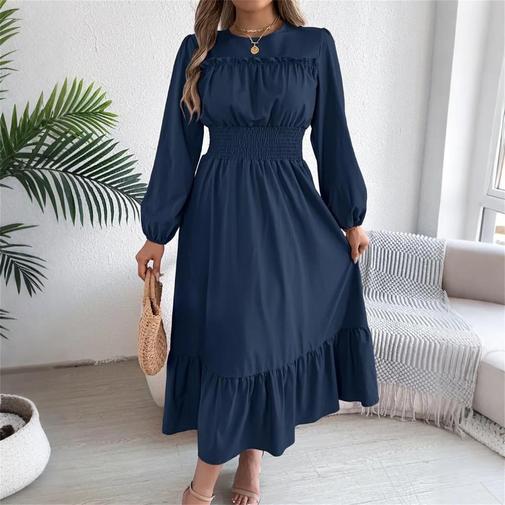 Women's Fashion Retro Solid Color Long Sleeve Waist A-Line Skirt Round Neck Pullover Dress