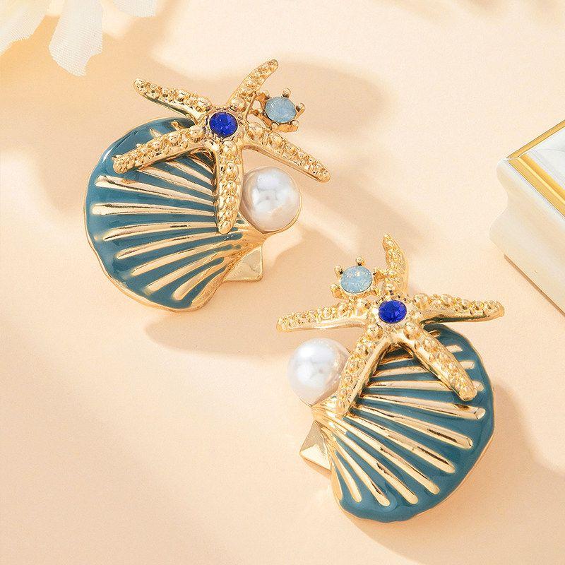 

European and American Seaside Beach Style Alloy Rhinestone Ocean Starfish Coral Shell Sparkling Diamond Necklace Suitable for Girls to Wear Earrings L