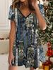 Fashion Women's V Neck Short Sleeve Flowers Printed  Dress Sex Short Skirt Dresses