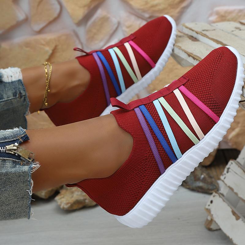 Fashion Color Band Breathable Mesh Flats Women 2025 Plus Size 36-43 Soft Sole Casual Sneakers Woman Slip On Thick Sole Walking Shoes