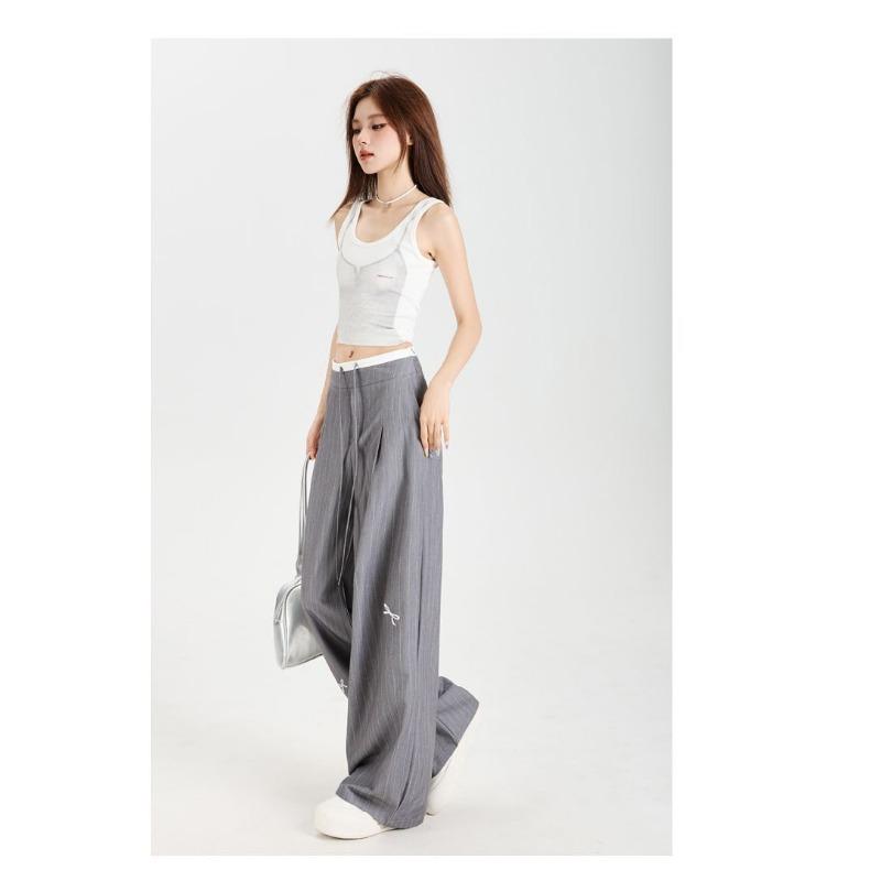 Casual Women's Bow Embroidered Striped Suit Relaxed Gray High Waist Draped Wide Leg Pants