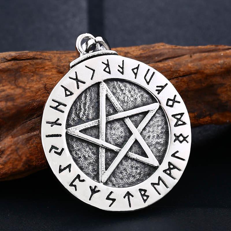 

Nordic Runes Pentagram Titanium Steel Necklace for Men & Women Pendant - Steel