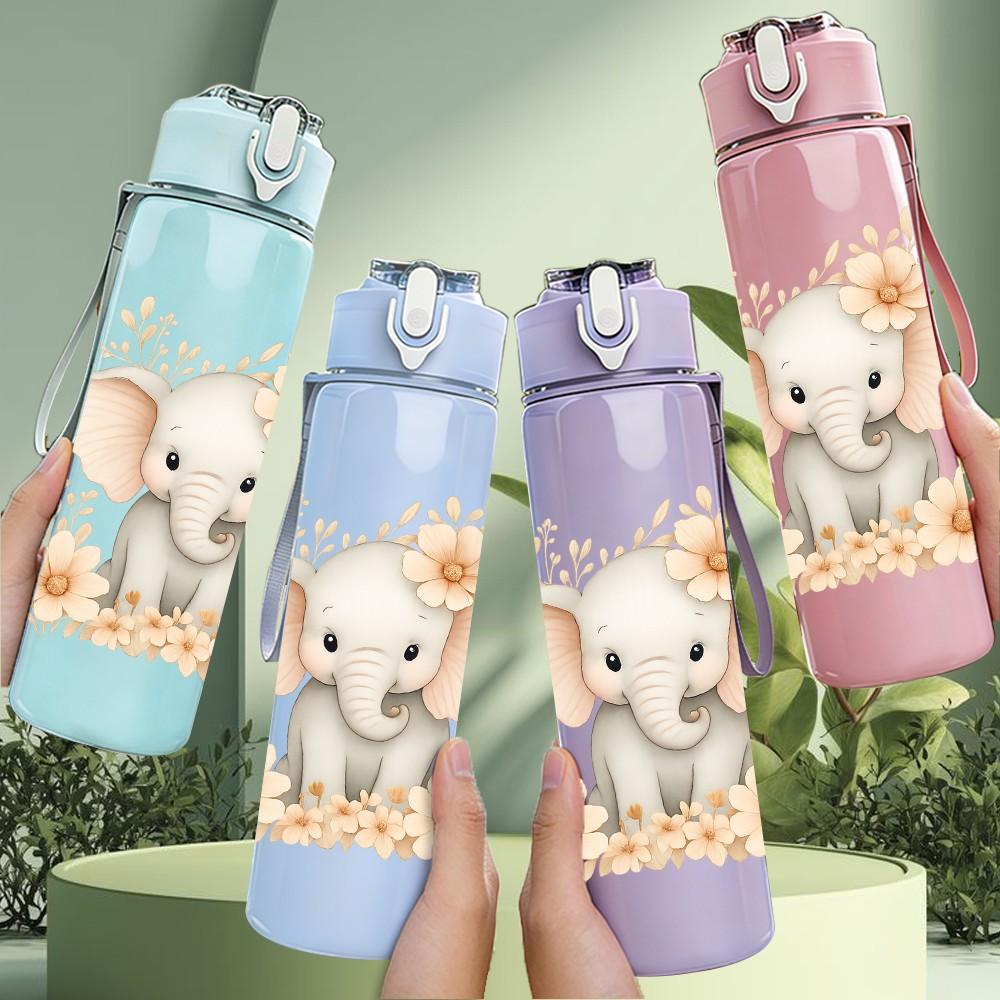 1PC Soft Floral Baby Elephant 750ml Color Plastic Sports Water Bottle Leakproof Flip Straw Lid Suitable for Sports Office Home Use