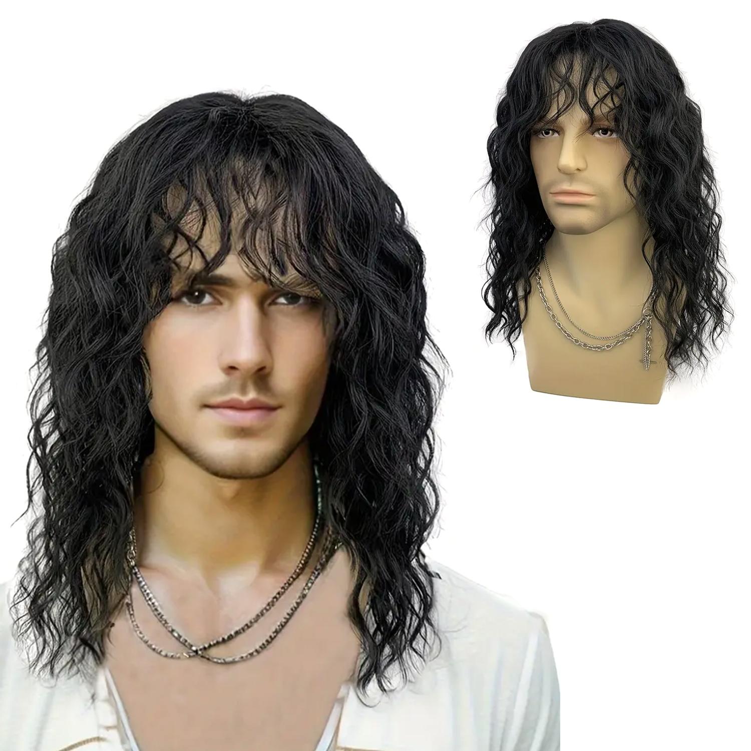 

18 Inch Synthetic Rock Wig Men/Women Black White Bangs Long Wavy Curly Wig Party or Halloween Wig 18inches