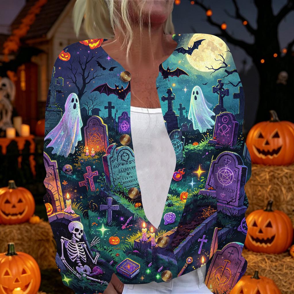 Womens Halloween Print Long Sleeve Knit Cardigan Button Up Sweater Coat Lightweight Casual Outerwear for Fall and Winter