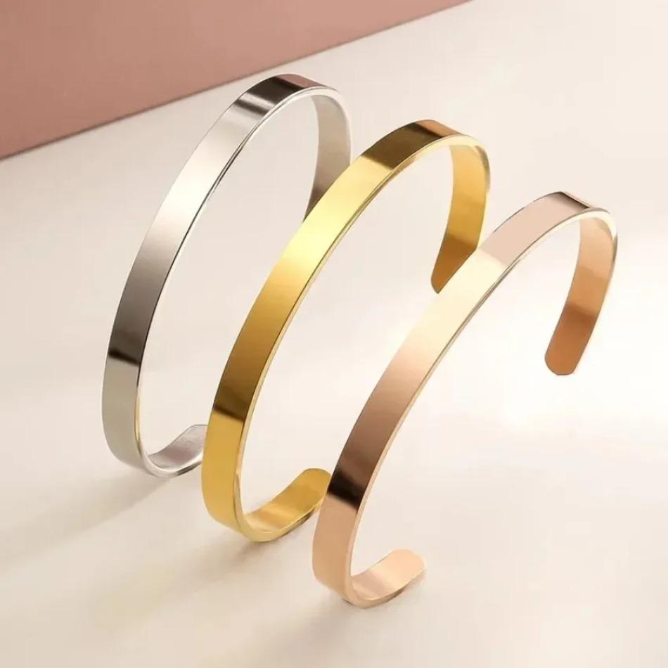 1 Pcs Simple Classic 6MM Width Titanium Bangle Black Gold Silver Color for Women Cuff Bracelets Men Women Openning Bangles