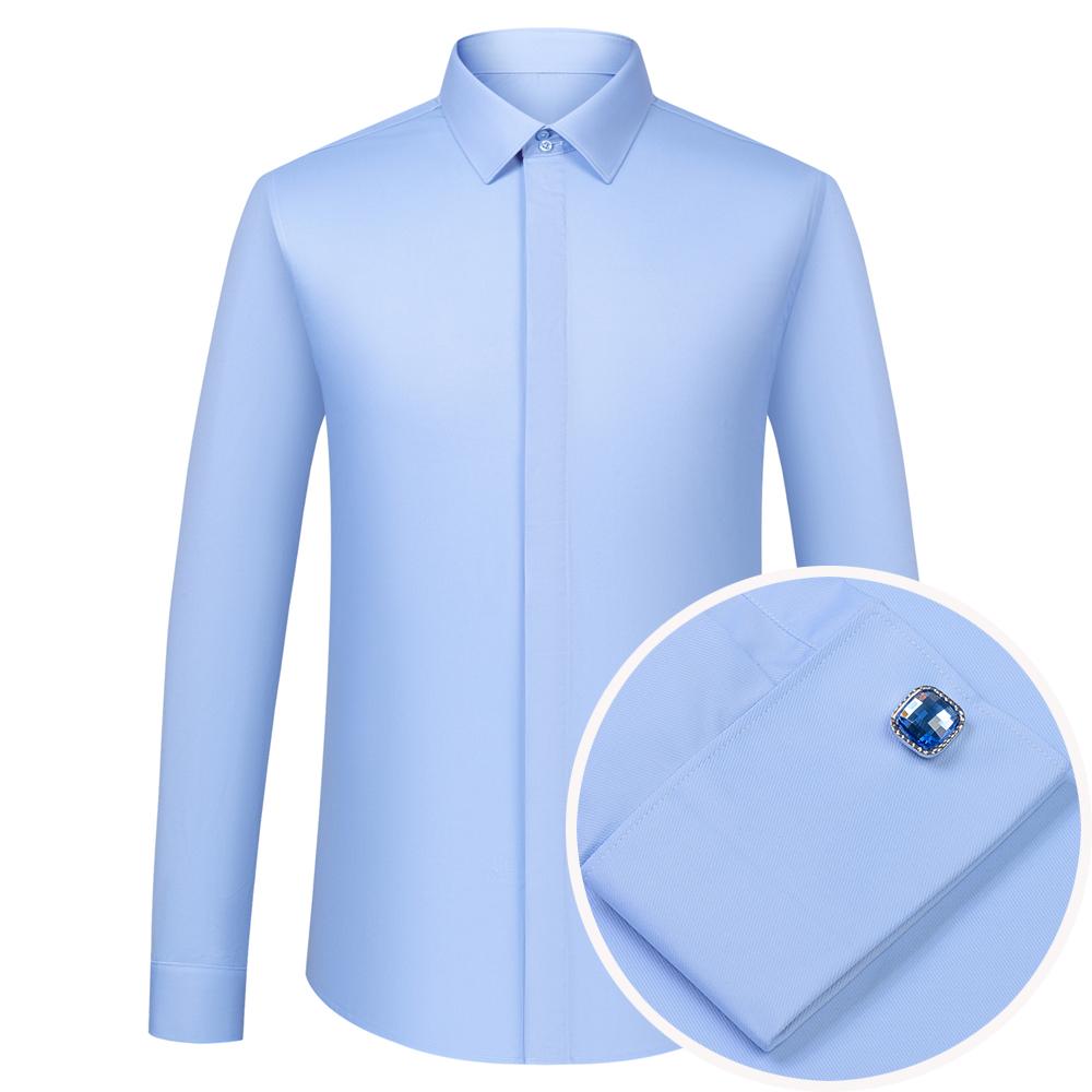 Men's French Front Hidden Buttons Dress Shirt, Solid Color Turndown Collar Long Sleeve Shirts For Party Wedding Spring Autumn Business Activities