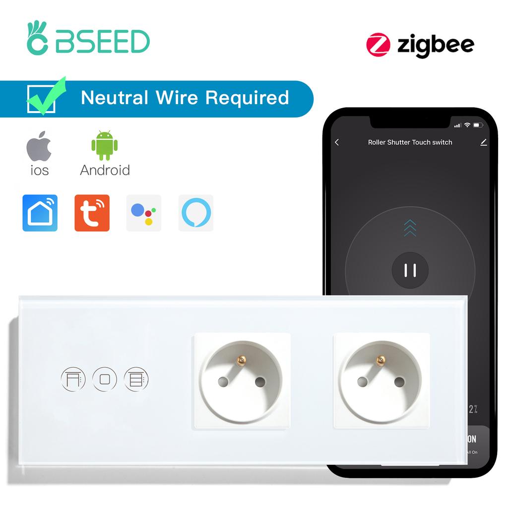 BSEED Zigbee Smart Roller Shutter Switches Light Blinds Switch Tuya Smart Life Plus French Wall Sockets USB Type-c Glass Panel